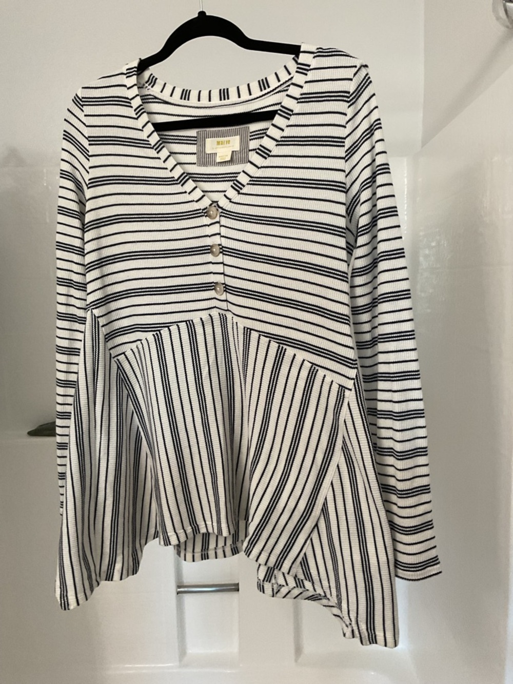 Maeve Anthropologie White and Black Striped V-Neck Peplum Tunic